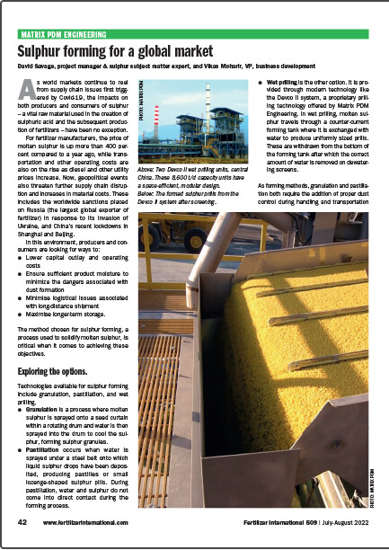 Fertilizer International article: Sulphur forming for a global market